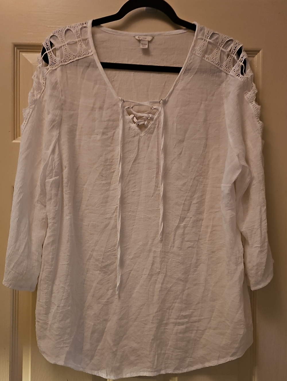 Women's White Lace-Shoulder Tie-Front Top